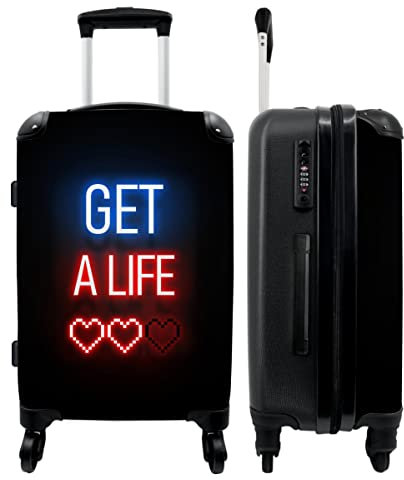 NoBoringSuitcases.com® Koffer groß Trolley Rollkoffer Reisekoffer mit 4 Rollen Fotokoffer - Spiele - Text - Get a Life - Neon - Schwarz - 67x43x25cm - 90 Liter