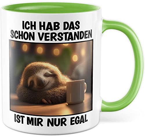 Faultier Tasse Ist mir Egal Geschenk Humor Kaffeetasse mit lustigen Spruch Büro Kaffeebecher Kollegin Geschenkidee Optimisten Teetasse (Weiß & Grün)