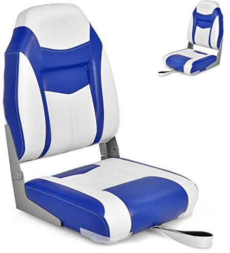SPOTRAVEL Boat Seat, Folding Fishing Boat Chair with Long Fixation Strap, Marine Captain Seat for Fishing & Sailing (High Back, 10cm Thich Cushion, Blue, 1Pcs)
