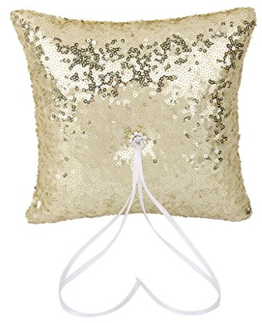 Adoorniequea 20 cm quadratisches Hochzeitsringkissen mit Pailletten, Kissen für Party, Gold
