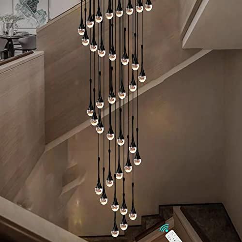 150''/381 cm lange Treppenhaus-Kristall-Kronleuchter mit 36 Lichtpunkten, schwarze Säule, Kristall-Kronleuchter, Foyer, Eingang, hohe Decke, Hänge-Kronleuchter, 2700–6000 K, dimmbare Leuchten, große