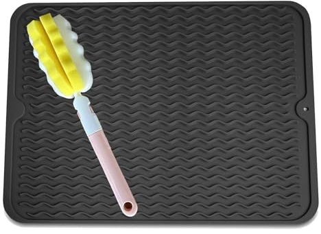 Trean star Abtropfmatte silikon, Entwässerungspad, 50 cm ,abtropfmatte geschirr,silikon abtropfmatte, hitzebeständig antibakteriell rutschfest Wasserbecherpad Tropfunterlage (Schwarz)