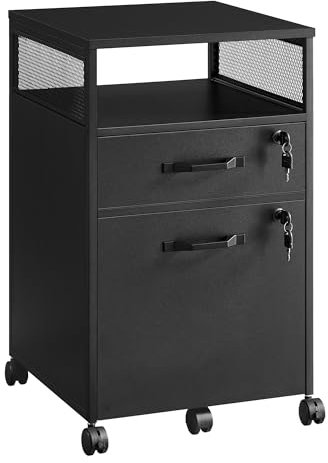 VASAGLE Filing Cabinet, Mobile File Cabinet with 2 Lockable Drawers, Office Cabinet on Wheels, for A4, Letter-Size Hanging File Folders, Open Shelf, Steel Frame, Ink Black OFC077B16
