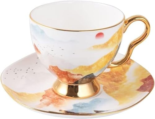 Geschenkset, Porzellan-Teetasse und Untertasse, Kaffeetasse mit Untertasse, Teetasse und Untertasse mit Goldrand, Kaffeetasse aus Knochenporzellan, 6,1-Unzen-Porzellan-Teeservice, Berg- und Flussdesig