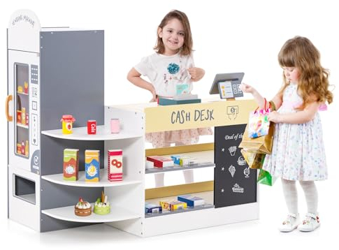 COSTWAY Kinder Kaufladen, Kaufmannsladen aus Holz mit Seitentheke, Supermarkt-Set mit Kasse, POS-Maschine, Verkaufsautomat & Kreidetafel, Einkaufsladen Verkaufsstand für Kinder von 3-8 Jahren (Weiß)