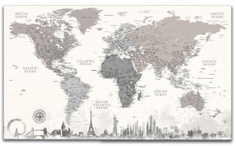 Pinnwandkarte Monumente der Welt, 99,1 x 58,4 cm, Leinwand, detaillierte Weltkarte mit Pins, canvas art bay Wandkarte, Reiseziele, Pinnwand, fertig zum Aufhängen