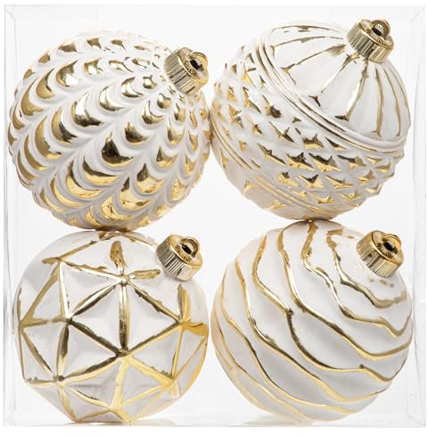 Oairse 12cm Large Christmas Baubles 4 Pcs Shatterproof Big White Gold Christmas Balls Ornaments for Vintage Rustic Christmas Tree Ornaments for Xmas Trees Holiday Wedding Party Decoration