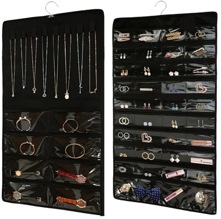 KUAOOAUK Hanging Jewellery Organiser, 48 Pocket Large Wardrobe Necklace Holder, Travel Double Sided Display Storage with Stainless Steel Hanger for Earring Bracelet Ring Chain on Wall Door (Black)