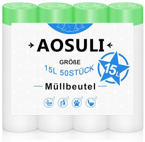 AOSULI Müllbeutel 15l mit Zugband 50 Stück Müllsäcke mit Griff Weiß Mülltüten für Badezimmer,Küche,Büro