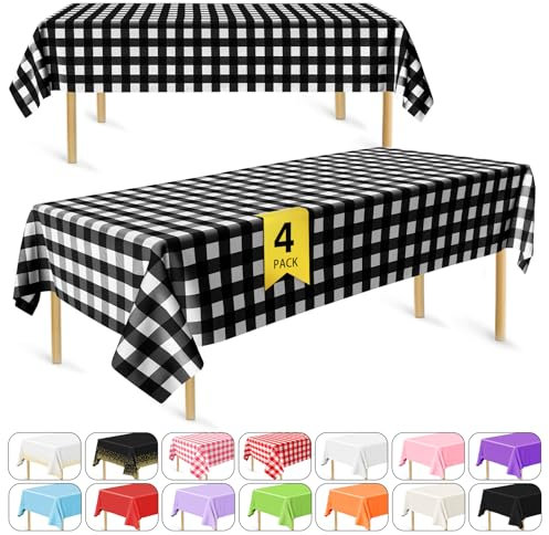 Bouiexye 4 Stück Einweg Tischdecken 137 x 274 cm Tischdecke aus Kunststoff schwarz weiß kariert Rechteckige Tischabdeckung Gartentischdecke für Gastronomie Party Hochzeiten Grillen Picknick