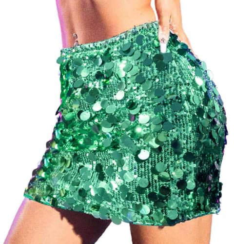 Ushiny Light Up Paillettenrock LED Mini Röcke Glitzernde Rave Outfits Bling Festival Kostüm für Frauen und Mädchen (DE/NL/SE/PL, Alphanumerisch, S, Regular, Regular, Grün)