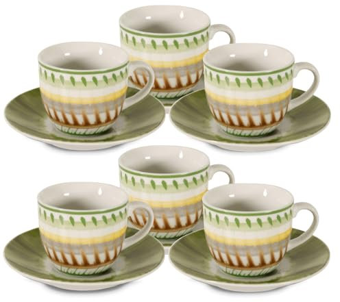 ARCA, Set 6 Tazzine da Caffè Apulia II con Piattino, Realizzate in Porcellana Decorata, Capacità 90 ml, 11x6 cm, Verde