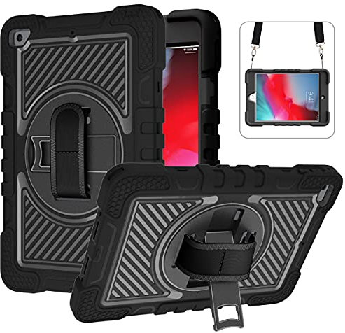 ERDARARIPRO Custodia per tablet Apple iPad mini 4 (2015)/iPad mini 5 (2019), custodia antiurto con supporto girevole a 360° e cinturino da polso, tracolla completamente nera