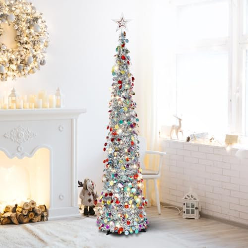 5FT Pop Up Tinsel Christmas Tree with Lights and Tree Topper, Collapsible Pencil Xmas Trees with Colorful Silver Shinny Sequins Reusable for Fireplace Home Office Indoor Holiday Party Decoration