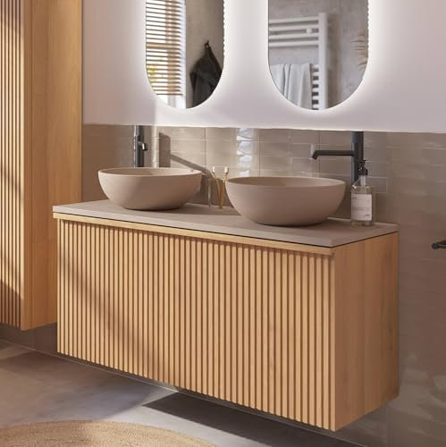 Ben Linea Waschtisch mit Unterschrank 120 cm, Eiche Natur/Beige Beton, mit Beton Waschschalen, vormontiert, Badmöbel Set