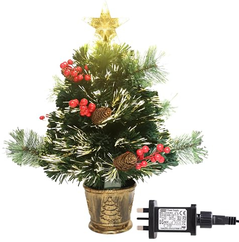 2Ft/60cm Fibre Optic Christmas Tree with Star Topper - Green Pre-Lit Artificial Xmas Tree Featuring Pine Cones, Red Berries, 8 Changing Light Modes