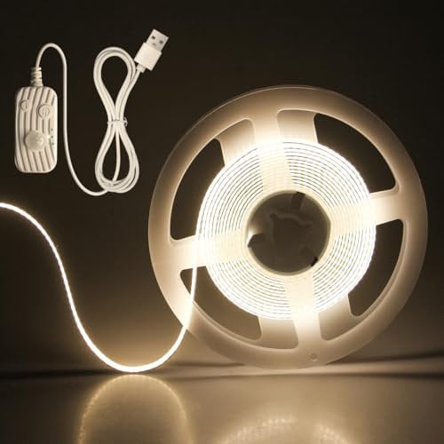Aclorol 3M 5V Motion Sensor USB COB LED Strip Light Neutral White Stair Light with 1.5M Long USB Cable Dimmable 960LEDs Tape Light Day/Night/Always-on Modes for Stairs Under Bed Kitchen Cabinet
