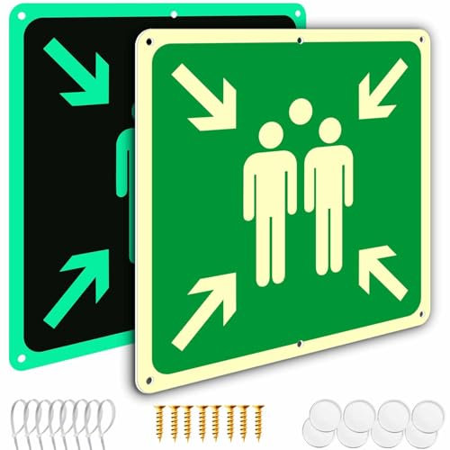 2 Piezas Señal de Evacuación Punto de Reunión 20x20cm Clase B Aluminio Luminiscente, Impermeable, protección UV (Cartel Punto de Reunion Exterior) con Tornillos, Lazos Accesorios