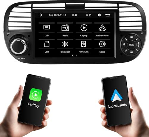 Autoradio per Fiat 500S/500C/500 (2007-2015) Supporto wireless/cablato Carplay e Android Auto, supporto radio AM/FM/RDS/USB, autoradio touch screen HD da 7 pollici,Autoradio con regolazione EQ, nero