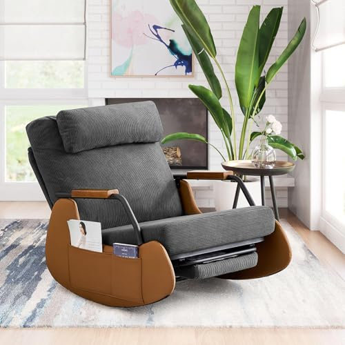 EROMMY Schaukelstuhl mit Klappbarer Rückenlehne,Schaukelsessel mit Kordober Holz und PU,Rocking Chair Schwingsessel für Wohnzimmer,Schlafzimmer,Grau