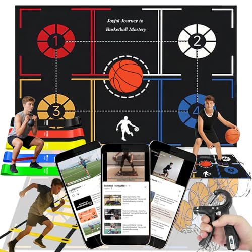 Basketball-Trainingsausrüstung, Trainingsmatte, Dribbeltrainer | Inklusive Trainingsmatte, Koordinationsleiter, Griffkrafttrainer, Widerstandsbändern. Verbessert Schnelligkeit und Kraft