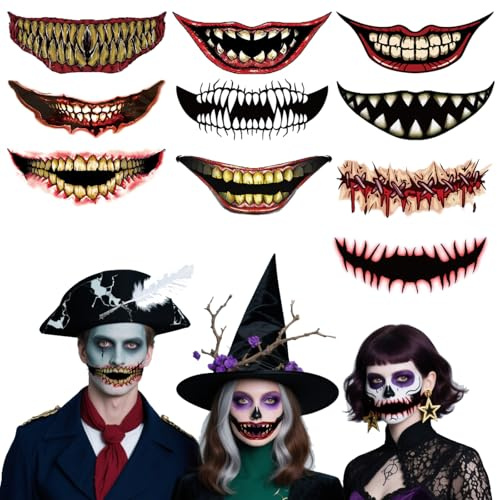 10 Blatt Halloween Mund Tattoos - Temporäre Grusel-Gesichtstattoos für Party & Cosplay - Realistische Wunden & Narben Aufkleber - Schnellhaftend & Hautfreundlich (Schwarz/Rot, für Kinder/Erwachsene)