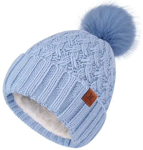 Bequemer Laden Warm Mütze Damen Winter Beanie Wintermütze Bommel Geschenke | Winter Damen Mütze mit Bommel Thermo Wintermütze Strickmütze Bommelmütze Fleece Gefütterte Weihnachtsgeschenke für Frauen