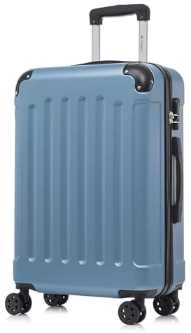 YONSLY Koffer Suitcase L Grau Blau, Trolley Reisekoffer, Rollkoffer Handgepäck mit 4 Rollen 360°, Hartschalenreisekoffer, Zahlenschloss, Weicher Gummigriff