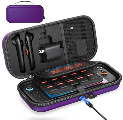 [Charge à l'intérieur] Étui pour Nintendo Switch 2/OLED/Original, Grand Étui Rigide pour Adaptateur et Joypad Rangement, Sac de Voyage pour Switch Console avec 22 Fentes pour Cartes de Jeu(Violet)