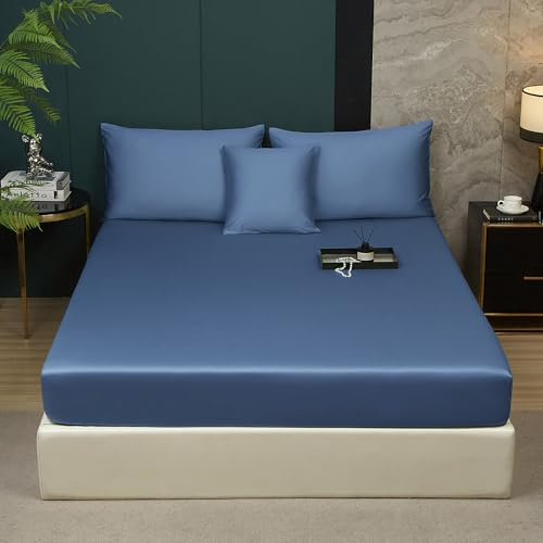 Luofanfei Mako Satin Spannbettlaken 90x200 Baumwolle Blau Boxspringbett | Jahreszeiten Topper ÖKO-TEX Bettlaken,Kühlend Glatt Muster und Atmungsaktiv Spannbetttücher,für Hohe Matratze bis 25-30 cm