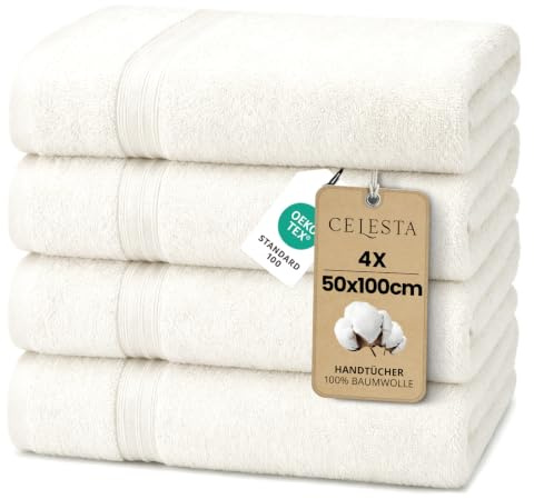 CELESTA Handtücher 50x100 cm, 4er-Set 100% Baumwolle Frottee, Weiß | OEKO‑TEX zertifiziert, weich & saugstark, mit Aufhänger, für Badezimmer, Gäste‑WC, Küche, Gym & Sport