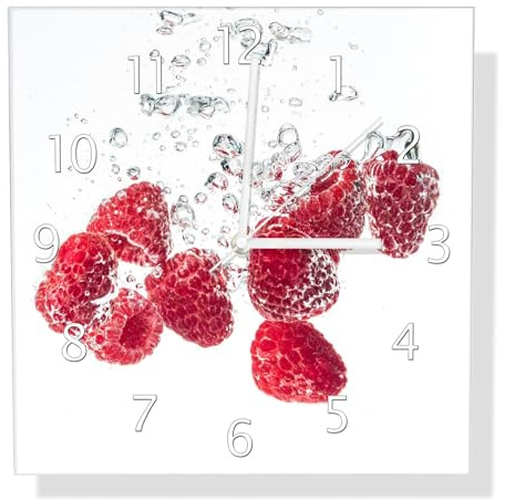 Wallario Design-Wanduhr Sprudelnde Himbeerfrische aus Glas, Motiv-Uhr Größe 30 x 30 cm, weiße Zeiger