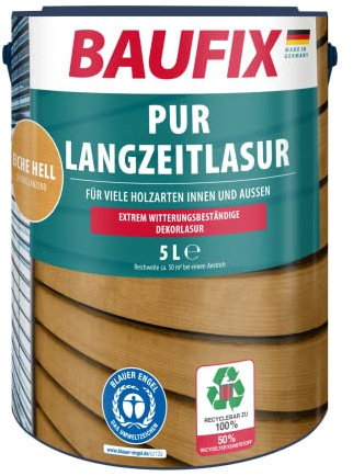 BAUFIX Lasure PU Longue durée chêne clair, satinée mate, 5 litres, Lasure pour bois, Pour intérieur et extérieur, particulièrement robuste, pour toutes les essences de bois, résistante aux intempéries