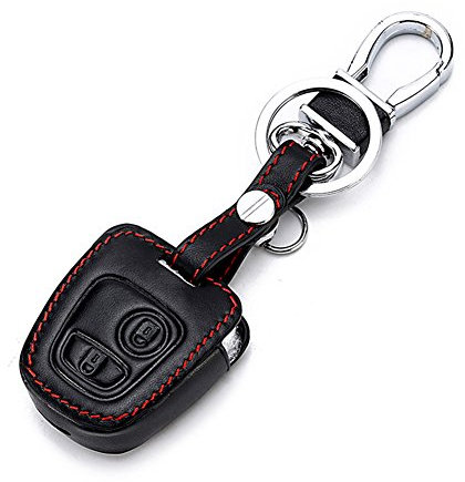 Happyit Cas de Couverture de Clé de Voiture en Cuir Porte-clés pour Peugeot 107 207 307 407 106 206 306 406 CSL2017 Citroen C2 C3 C4 2 Bouton Télécommande Fob Clé