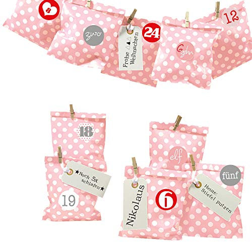 Frau WUNDERVoll® DIY Adventskalender zum Befüllen Bescherung: Set Punkt 145, Papiertueten flach 13x16,5cm, rosa Punkt, Ziffern rosa-rot