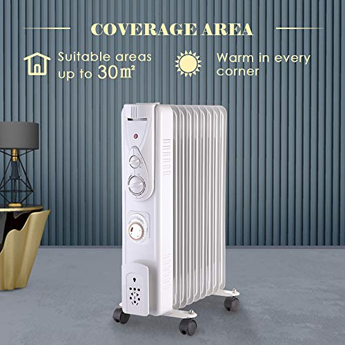 NRG Oil Filled Radiator Portable 9 Fin Electric Heater White 2KW | with Timer and Safety Tip Over Switch, Adjustable Thermostat
