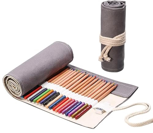 Wankd 72 Slots Leinwand Stifterolle, Retro Pencil Wrap Roll up Holder Rollentasche Federmappe Schlamperrolle Mäppchen Bleistiftkasten Stifte