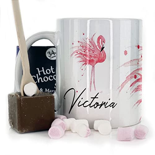 Hairyworm Personalised Mug and Belgian Milk Chocolate/Hot Chocolate Stirrer Marshmallow Gift Set, Custom Name (11oz) White, Yellow, Blue, Black, Pink Mug with Pink Flamingo Design, Flamingo Mug