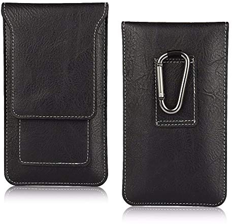 AXELENS Universal Vertical Cover Case Cell Phone Holster with Belt Loop and Carabiner Clip Pouch Card Slots for iPhone Samsung Huawei Xiaomi in Leatherette for Smartphone up to 6.1'' Inches - BLACK