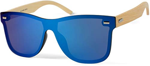 styleBREAKER Unisex Monoglas Nerd Sonnenbrille mit Bambus Bügeln und Polycarbonat Glas, Retro Style 09020112, Farbe:Gestell Hellbraun/Glas Blau verspiegelt