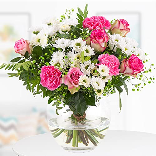 Blumenstrauß Glückskind, Rosa Blumen versenden, handgebunden mit 7-Tage-Frische-Garantie, Rosen, Nelken, Chrysanthemen und Schleierkraut, Blumenversand