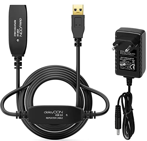 deleyCON 15m Extensión de Cable Activa USB 3.0 y 2 Amplificador de Señal y Fuente de Alimentación Cable Repetidor USB3.0 Cable de Extensión PC Ordenador Impresora Escáner