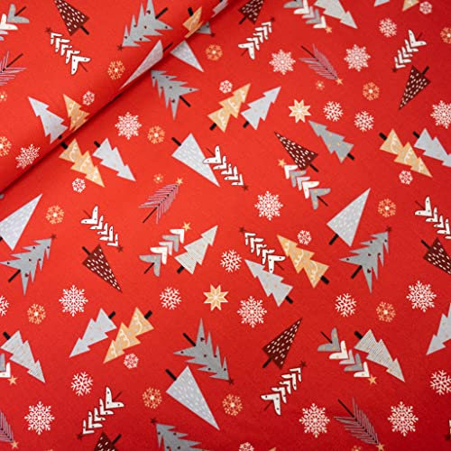 12,90 /m Weihnachtsstoff zum Nähen | Popeline Baumwolle Stoff | Muster Wichtel Tannen | Dekostoff Weihnachten Meterware (Tannen rot)