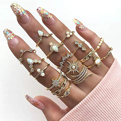 Wedity Boho Crystal Knuckle Flower Ring Set Stapelbarer Fingergelenkring aus Gold für Frauen und Mädchen (17 Stück)