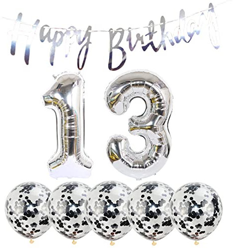 2 Luftballons Zahl 13 silber+5 Konfetti Luftballons+silber banner Folienballon 13.Geburtstags deko Männer frauen 13 Jahr Geburtstags deko Zahlenballon 13 Luftballons 13 Geburtstags Mann frau