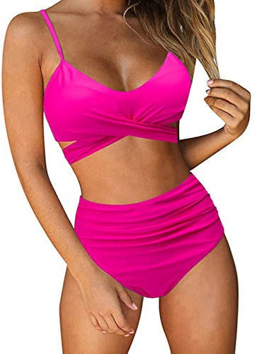 UMIPUBO Maillot de Bain Femme 2 Pieces, Taille Haute Push Up Bikini Set, Sexy Grande Taille Maillot de Bain de Plage, Conception en Croix Avant Classique Slim Swimwear(Rose Rouge,XXL)