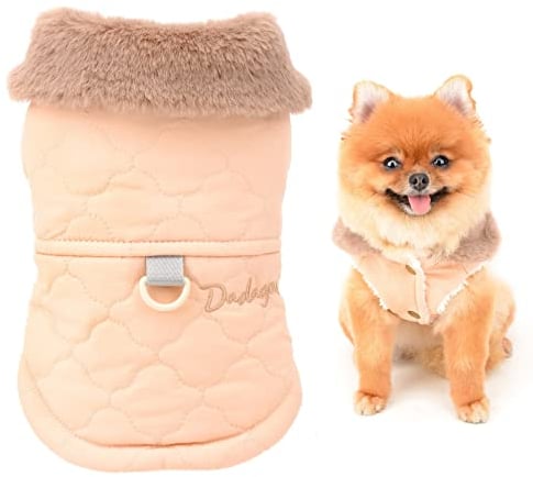 SMALLLEE_LUCKY_STORE Pet Furry Collar Quilted Jacket Winter Coat Vest with D-ring for Small Medium Dog Cat Sherpa Fleece Lined Puppy Chihuahua Yorkie Warm Cold Weather Clothes,Pink,S