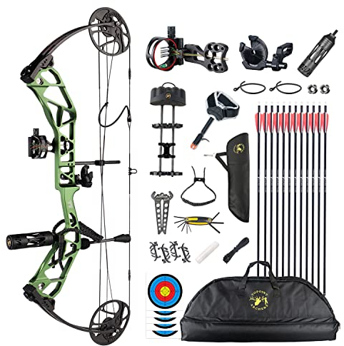 HNZMDY Compoundbogen und Pfeil Set 19-70Lbs Jagdbogen Anfänger Erwachsene Compound Bögen 19-30 Auszugslänge IBO 320fps mit Allem Bogenschießen Zubehör (Olivgrün)