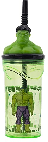 Stor Vaso Infantil Reutilizable con Pajita y Tapa con figurita 3D y Capacidad de 360 ml de Los Vengadores - Marvel - Hulk