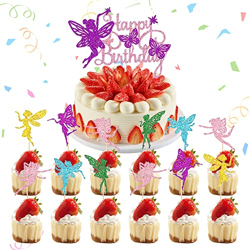 Fee Cake Topper, 31 Pcs Fee Cupcake Toppers, Fee Party Dekoration Kuchen Topper Dekoration, Fee Cupcake Toppers mit Glitter Flügel Engel, für Kinder Mädchen Geburtstagsdeko Fee Thema Geburtstag